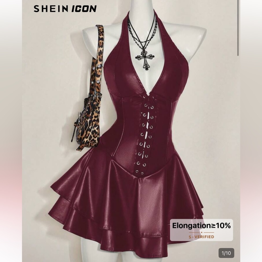Burgundy PU leather halter dress with built in shorts